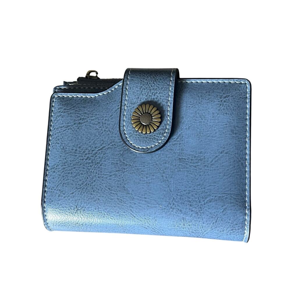 SENDEFN Leather Wallet Short 16 Card Slots Zipper Pocket Grey Blue Sunflower‎